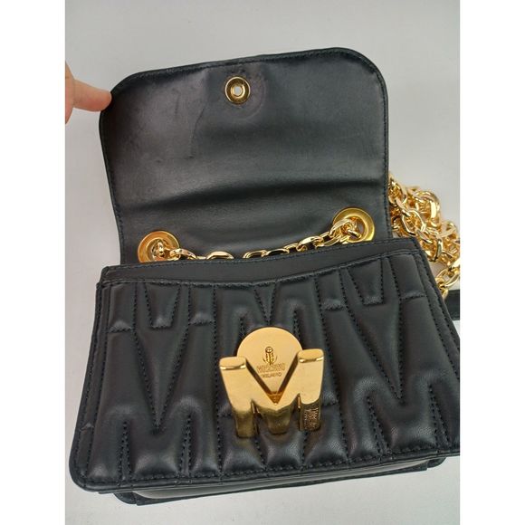 Moschino Couture Black Quilted Leather Gold Logo M Plaque Shoulder Bag - Picture 3 of 9